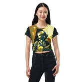 SurArt 85 vibrant all-over print crop tee front view on model.